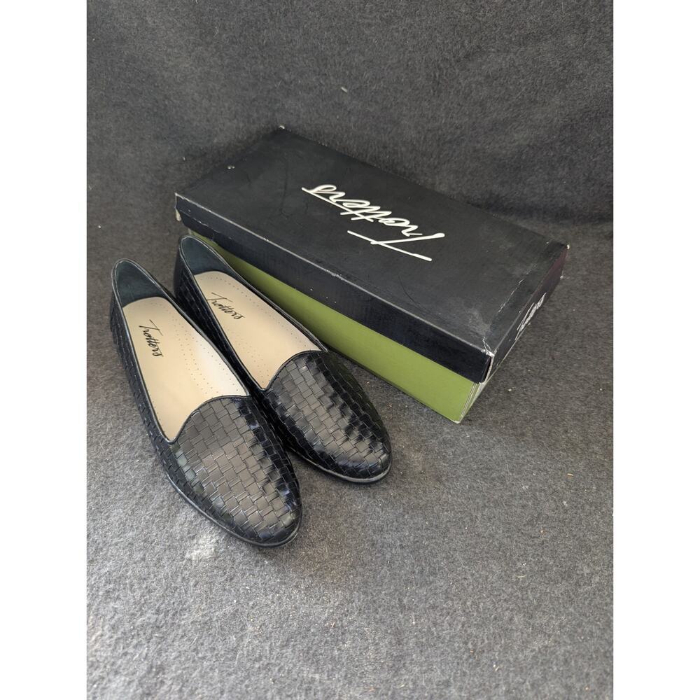 Trotters Womens Size 8.5 S Liz Black Basketweave‎ Leather Slip on Loafer Shoes
